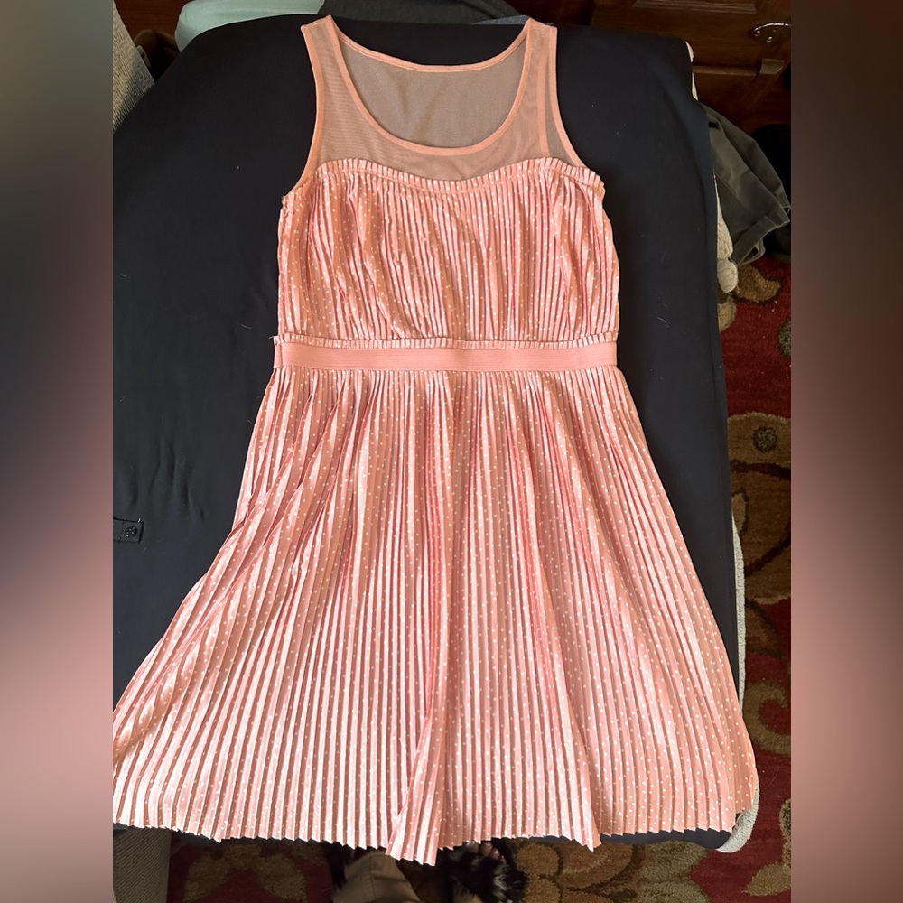 NWOT Peach polkadot, sheer top with pleated skirt dress by Lauren Conrad